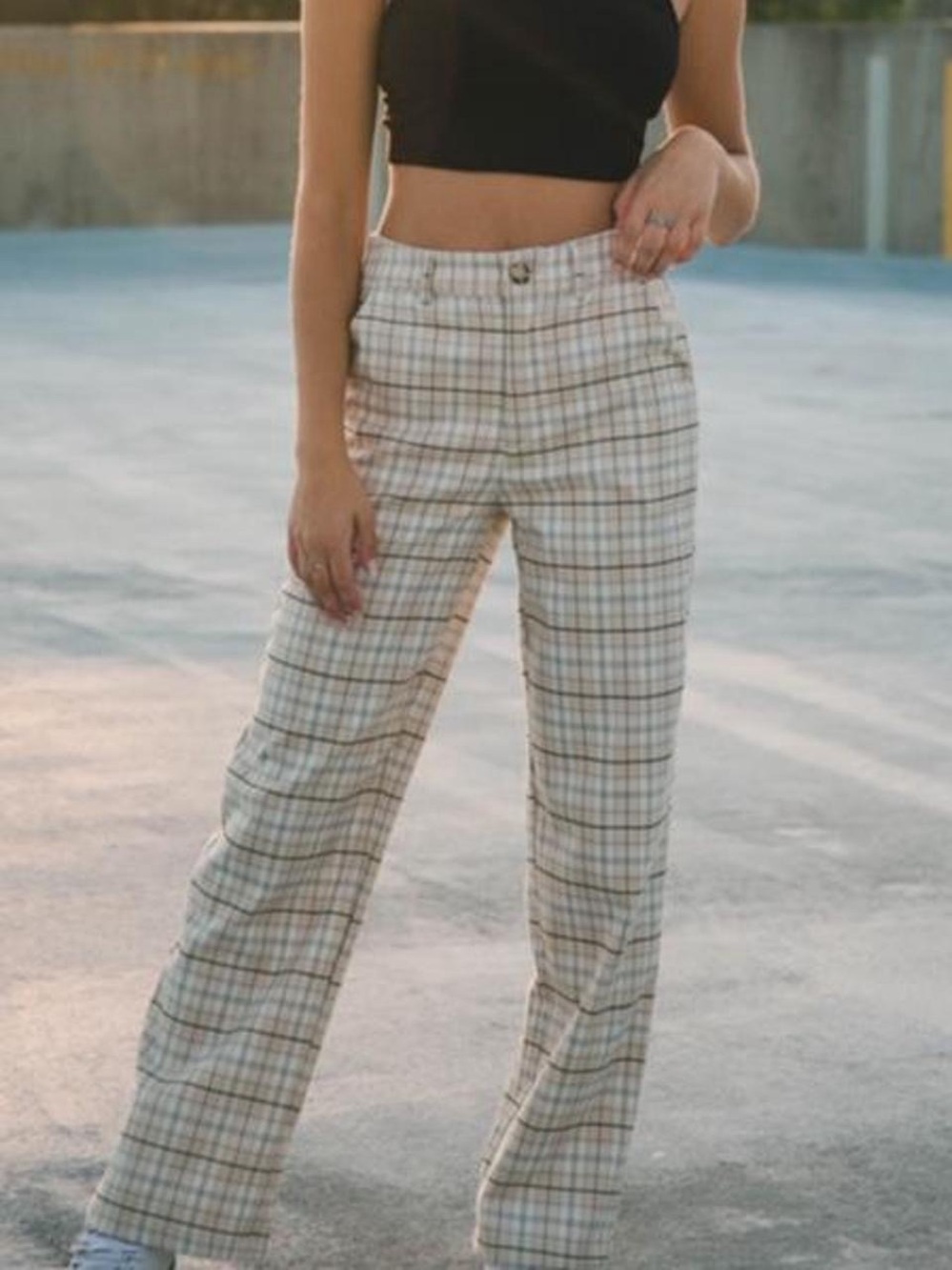 Plaid Wide-Leg Pants - Cream Plaid